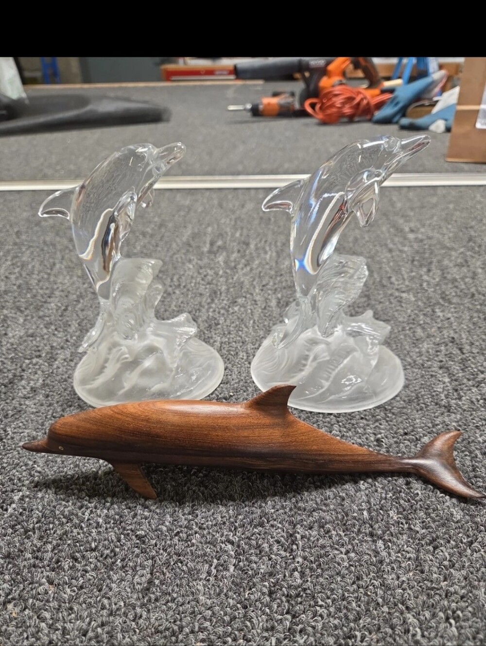 3 Dolphins, Two crystal and glass dolphins and one wood dolphin